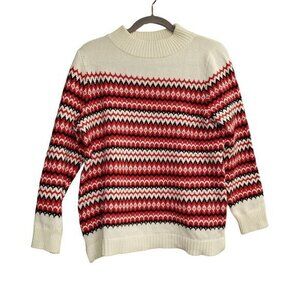 Talbots Wool Blend Fair Isle Ribbed Sweater Womens Size LP Red Black Ivory Pre-O